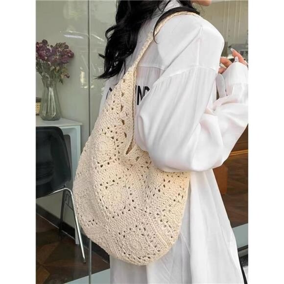 Crochet Beach Bag, Summer Beach Bags for Women Beige - Picture 4 of 7